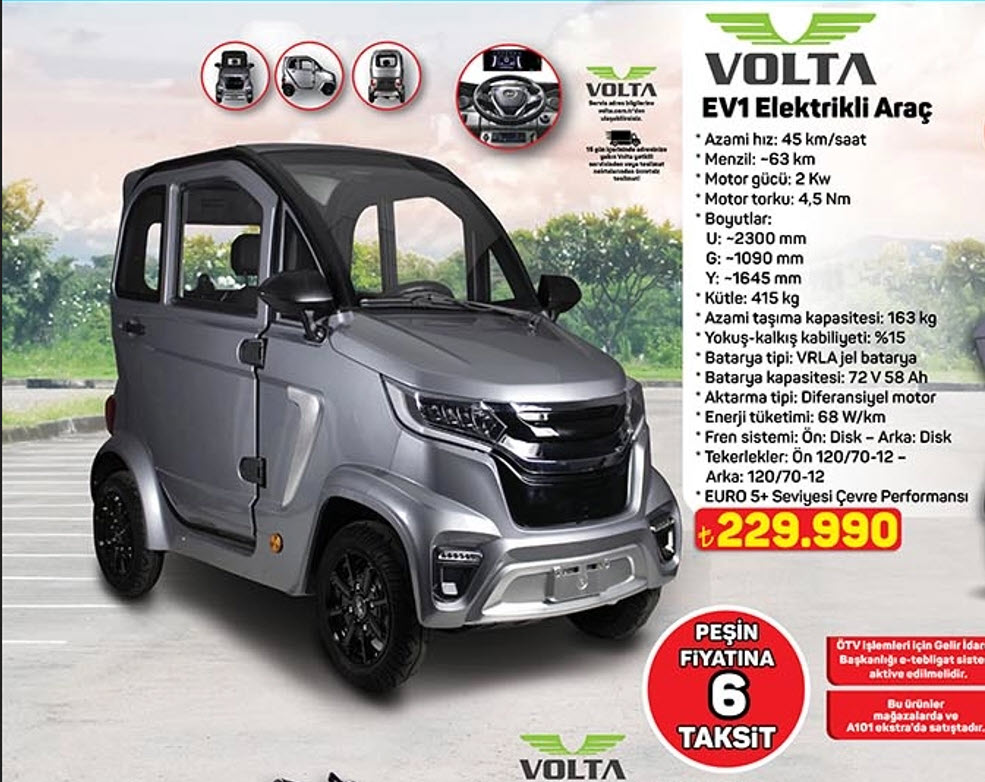 A101’de Bu Hafta Satışa Sunulacak Olan Volta EV1 Elektrikli Araç
